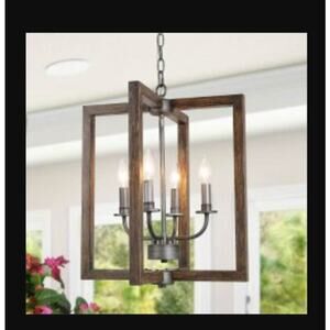 LNC Brown Caged Chandelier Faux Wood 4-Light Brushed Silver Pendant Light NEW